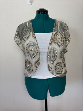 Women's MOYNA Beige Silver Sequin Beaded Shrug Bolero Large Western Boho Sequins